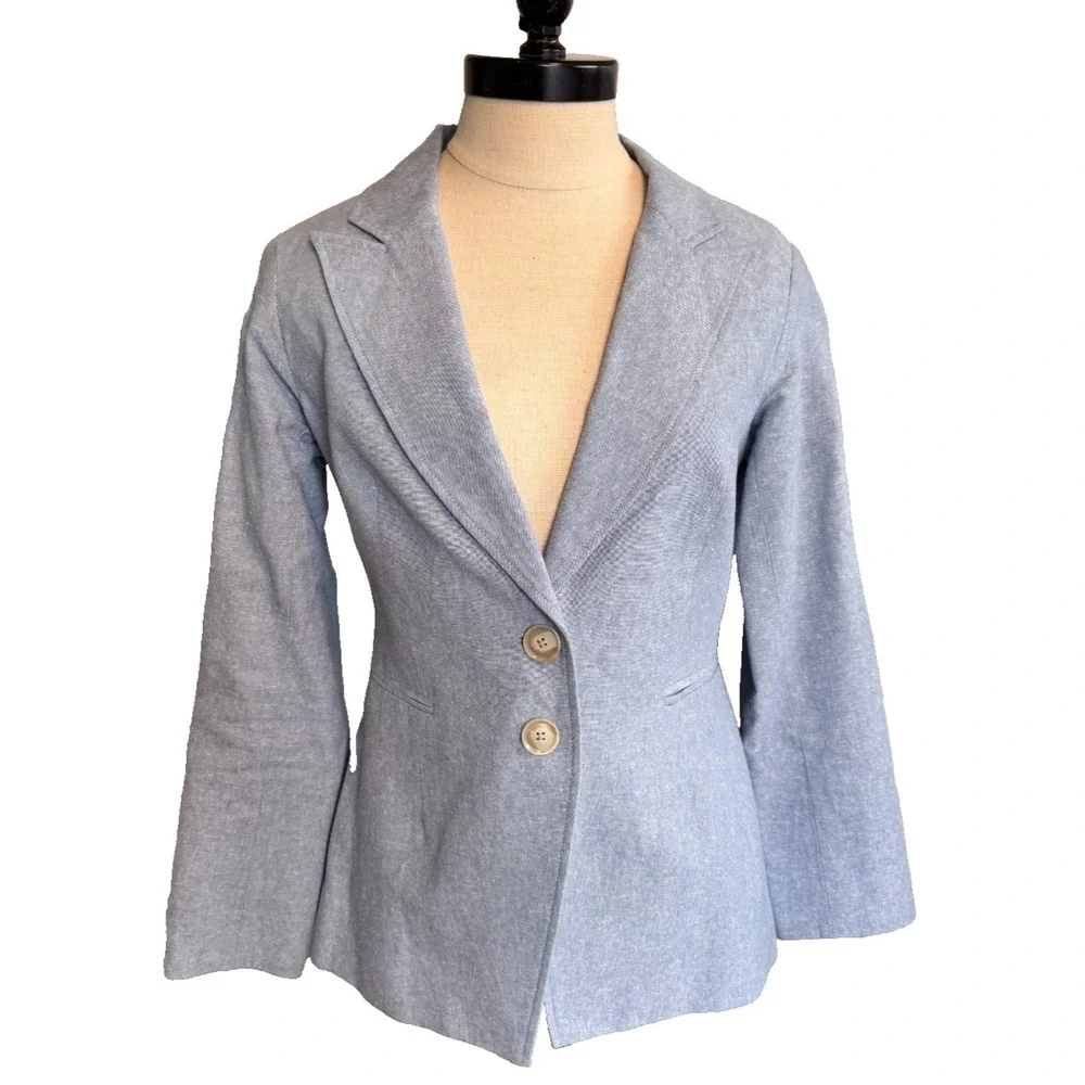 PAIGE 2-Button Women's Blazer Blue Chambray Linen Cotton Jacket‎ Classic Small